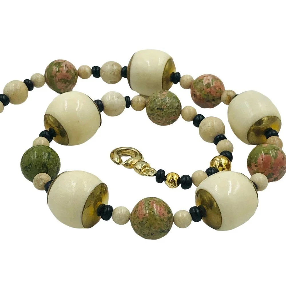 Unakite Jasper Agate Gold Collar Boho Gemstone Necklace Jewelry